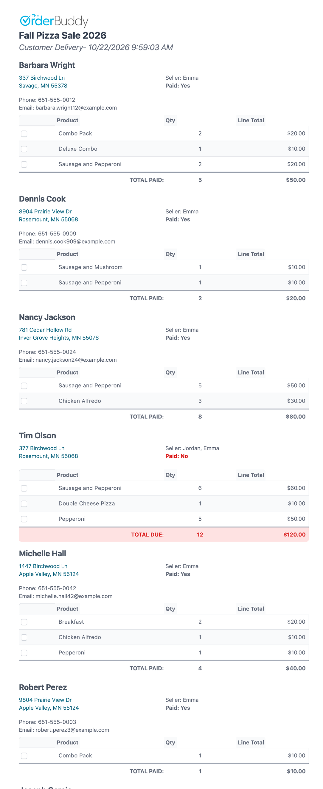A printable customer delivery report: each customer's address, seller, paid status, and the items to deliver