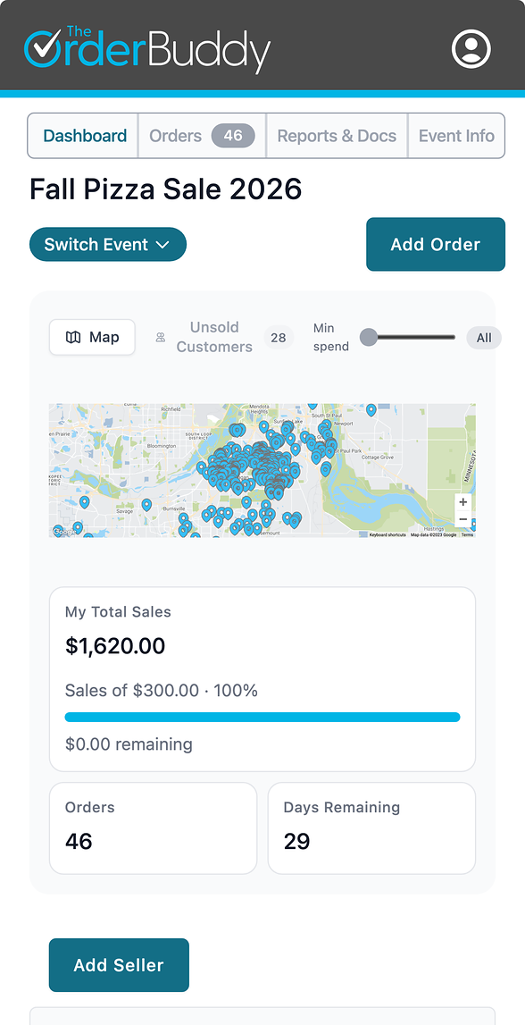 A family's dashboard on a phone: total sales against the goal, orders, days left, and a map of customers