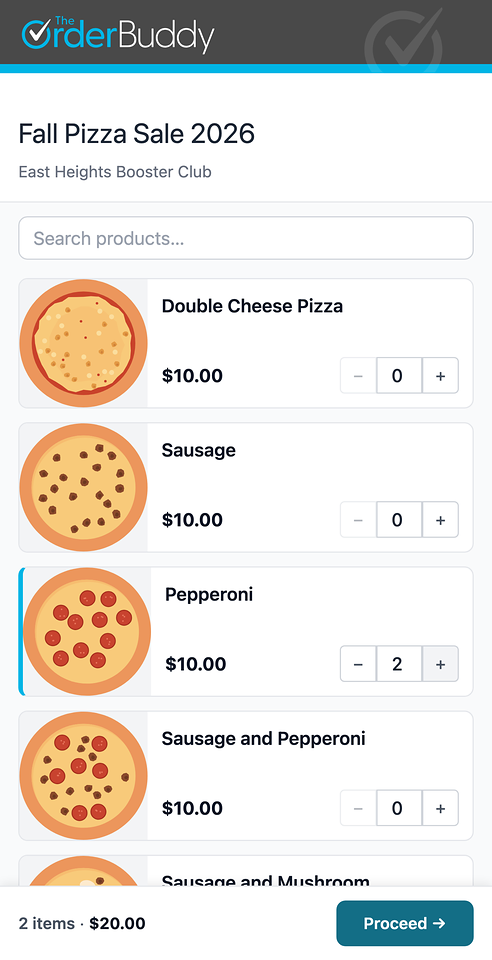 The Order Buddy on a phone: a supporter ordering two pepperoni pizzas from a booster club's fall pizza sale