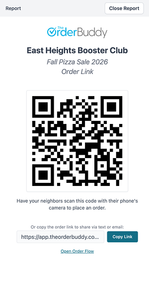 A seller's order-link screen on a phone: the club and sale name, a QR code for neighbors to scan, and a Copy Link button